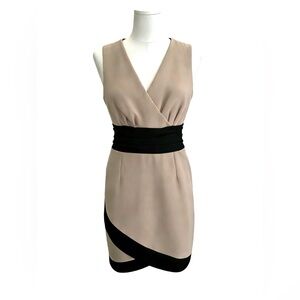 Women’s V-Neck Contrast Trim Sleeveless Sheath Dress, Elegant, Beige Pink /Black